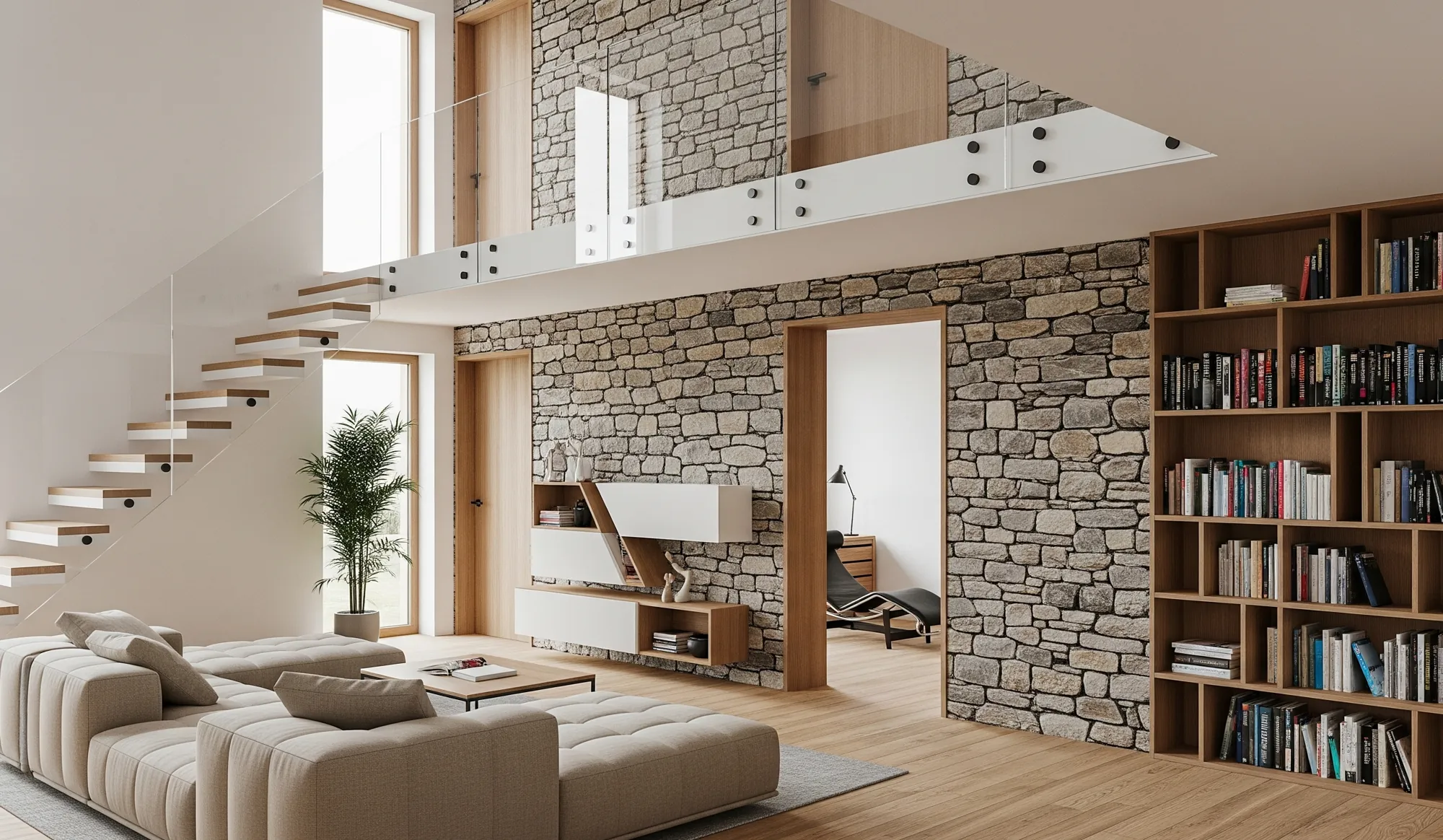 Maison rurale à Chaumont, séjour en double hauteur et mur en pierre