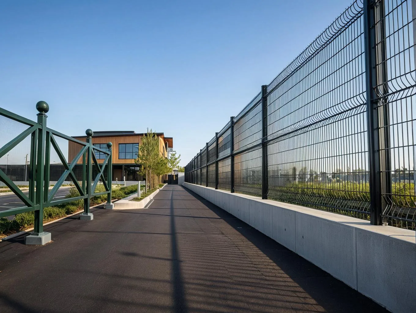 Allée d'accès à l'école de Ferney-Voltaire, clôtures et façade en bois