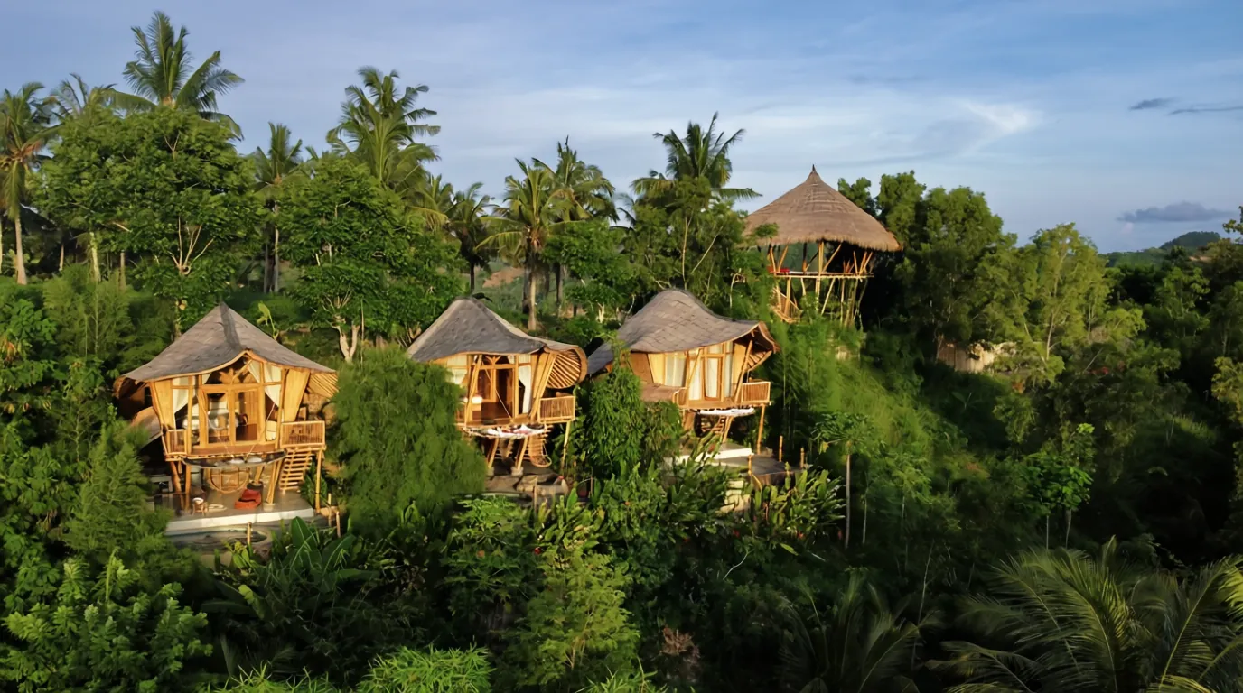 Les bungalows sur la pente, au milieu des palmiers