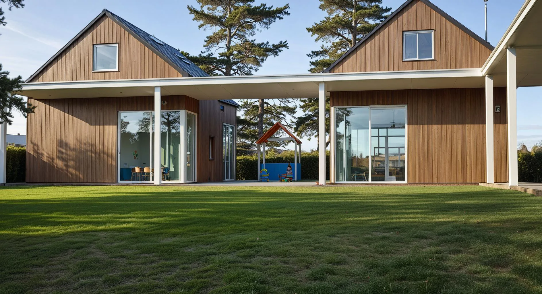 Maternelle à Ferney-Voltaire, deux pavillons en bois reliés par une galerie couverte, côté jardin
