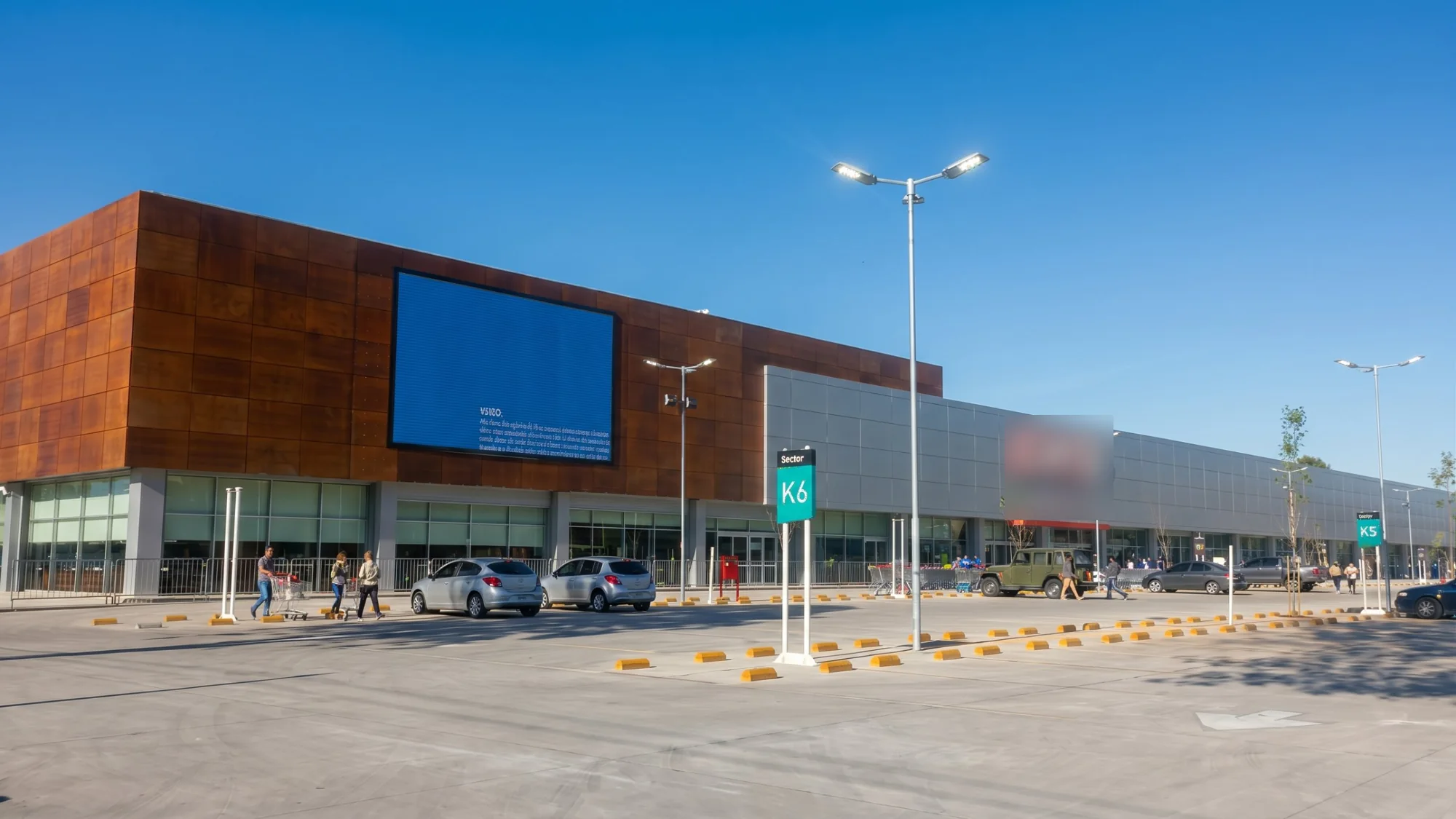 Hypermarché à Moreno, façade et parking