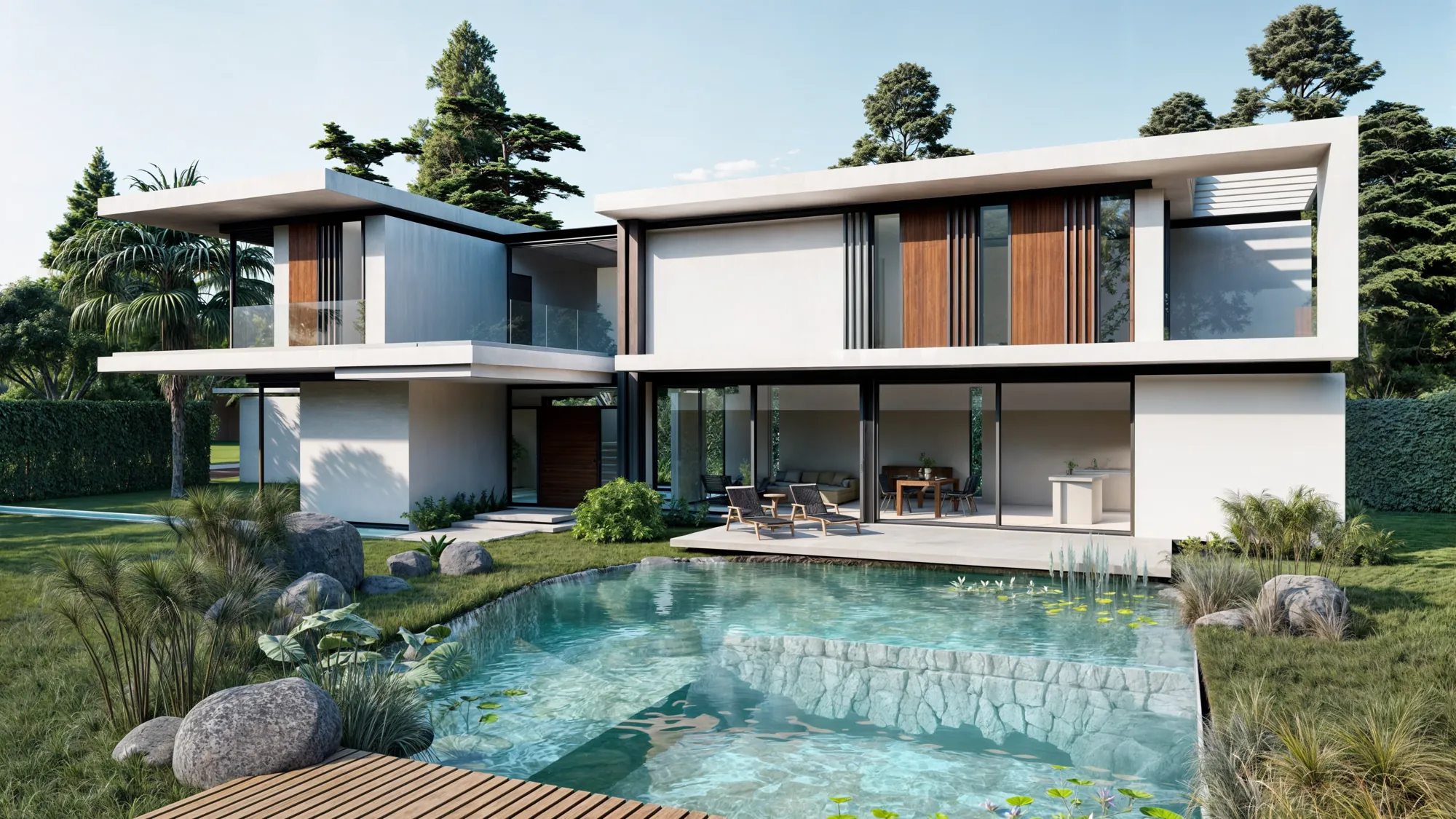 Villa à Veyrier, façade sur le jardin et le bassin naturel