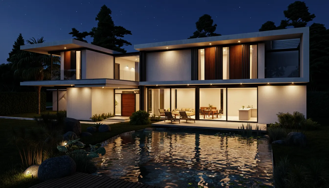 Villa à Veyrier de nuit, façade éclairée sur le bassin