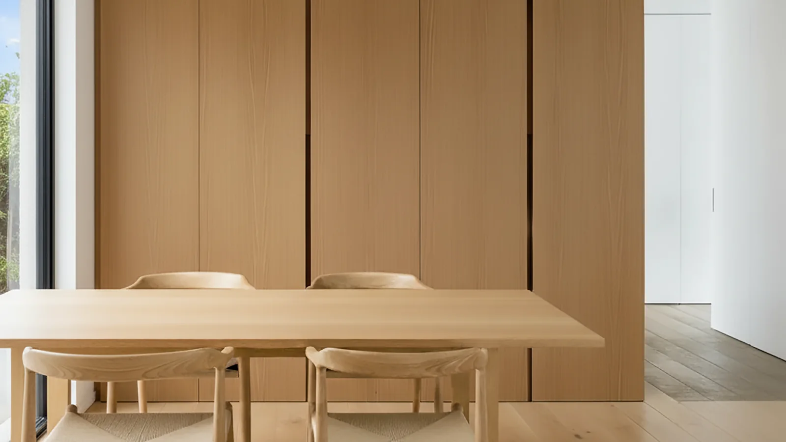 Salle à manger avec rangements toute hauteur en chêne clair