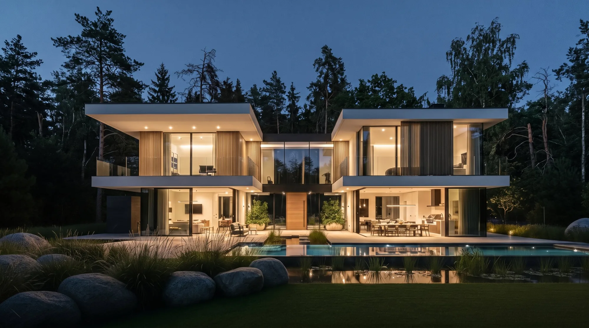 Anteproyecto de una villa al borde del bosque, al anochecer